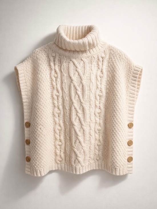 Nula Bug Sweaters - Cream Cable-Knit Turtleneck no sleeve with Side Buttons